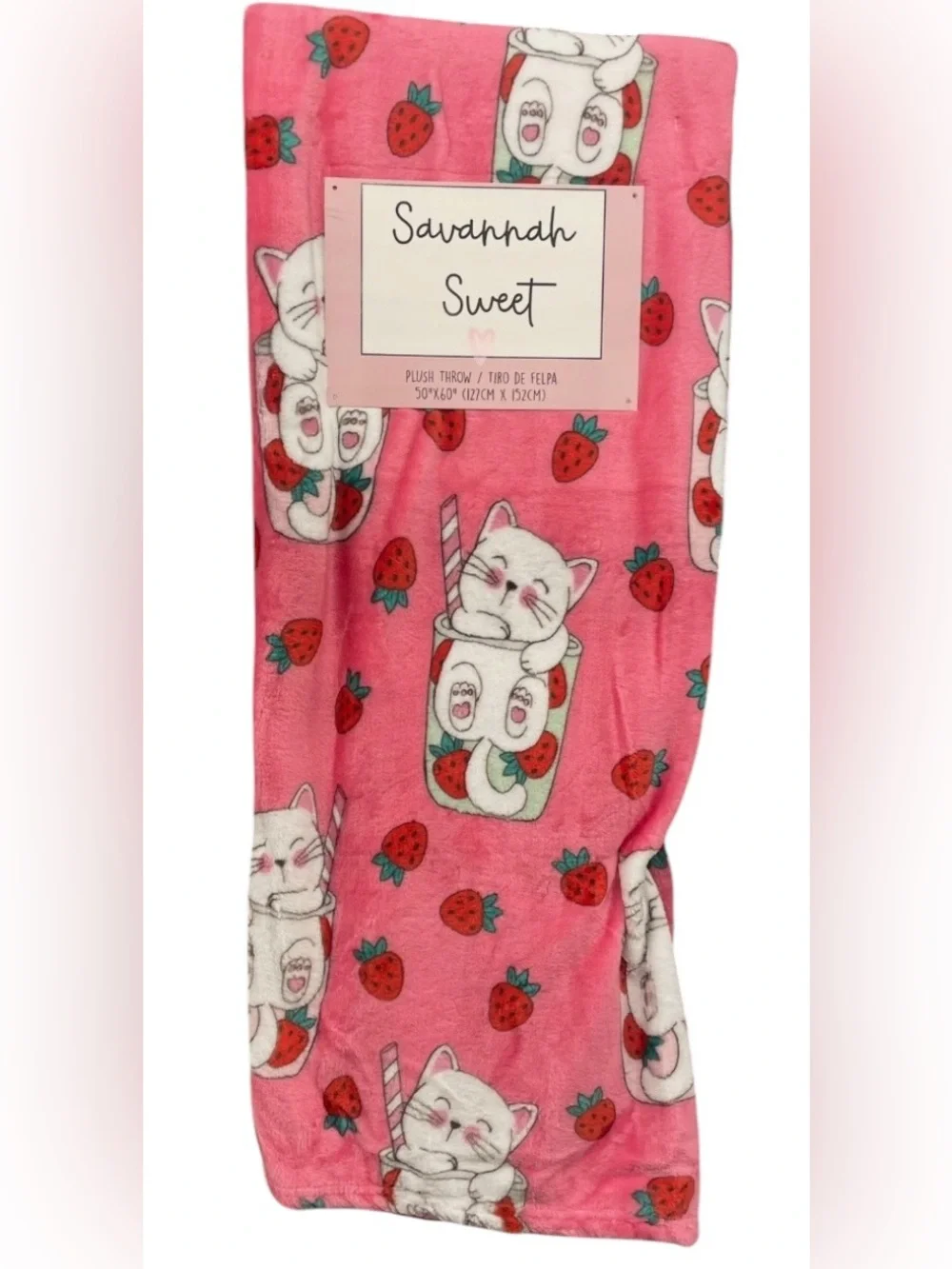 Strawberry Kitty Cat Plush Throw Blanket Pink Red White 50 x 60 NEW NWT